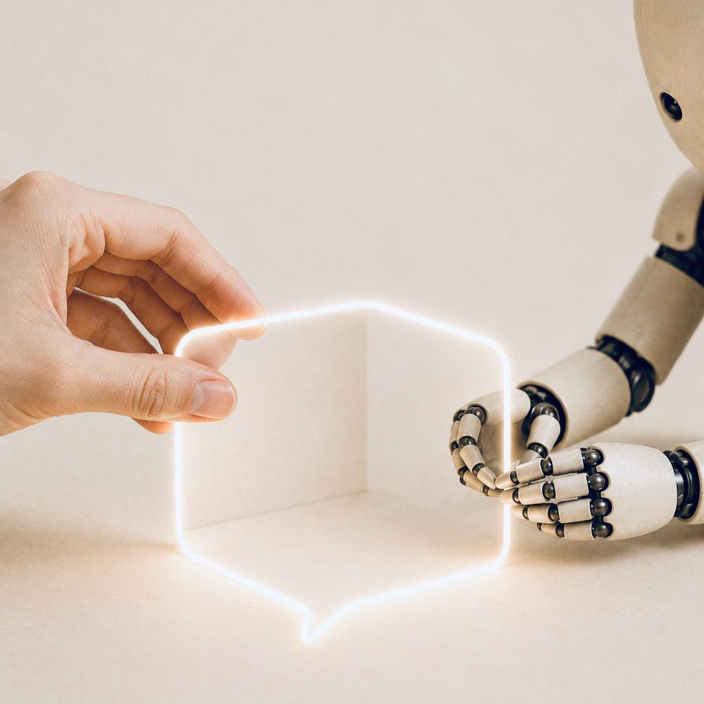 En mänsklig hand och Theos robothänder formar ett lysande samtalsrum tillsammans.